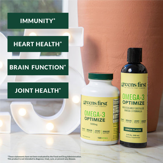 Greens First Omega-3 Optimize softgels in hand imply easy daily use.