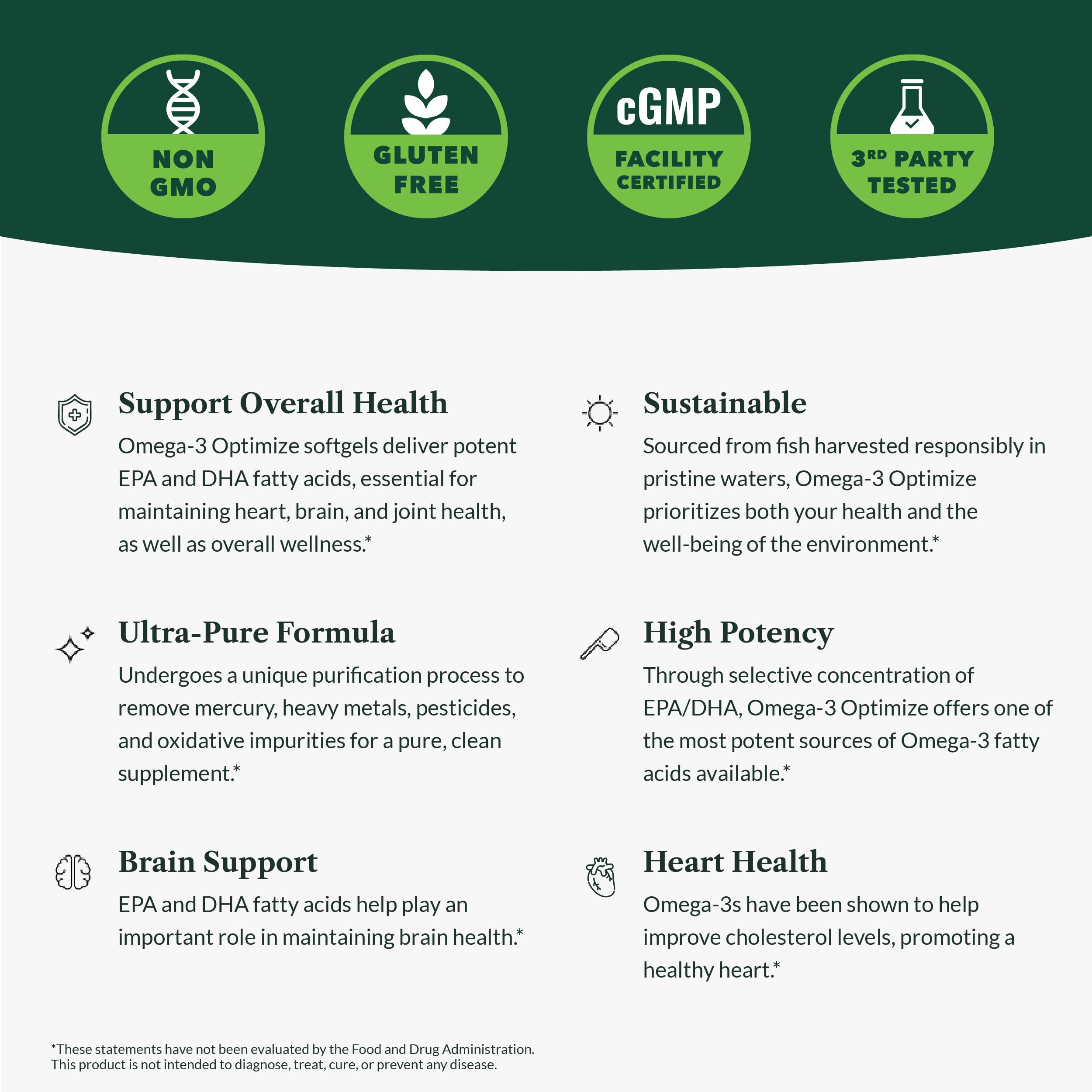 Greens First Omega-3 Optimize sustainable-sourcing badge signals responsible harvesting.