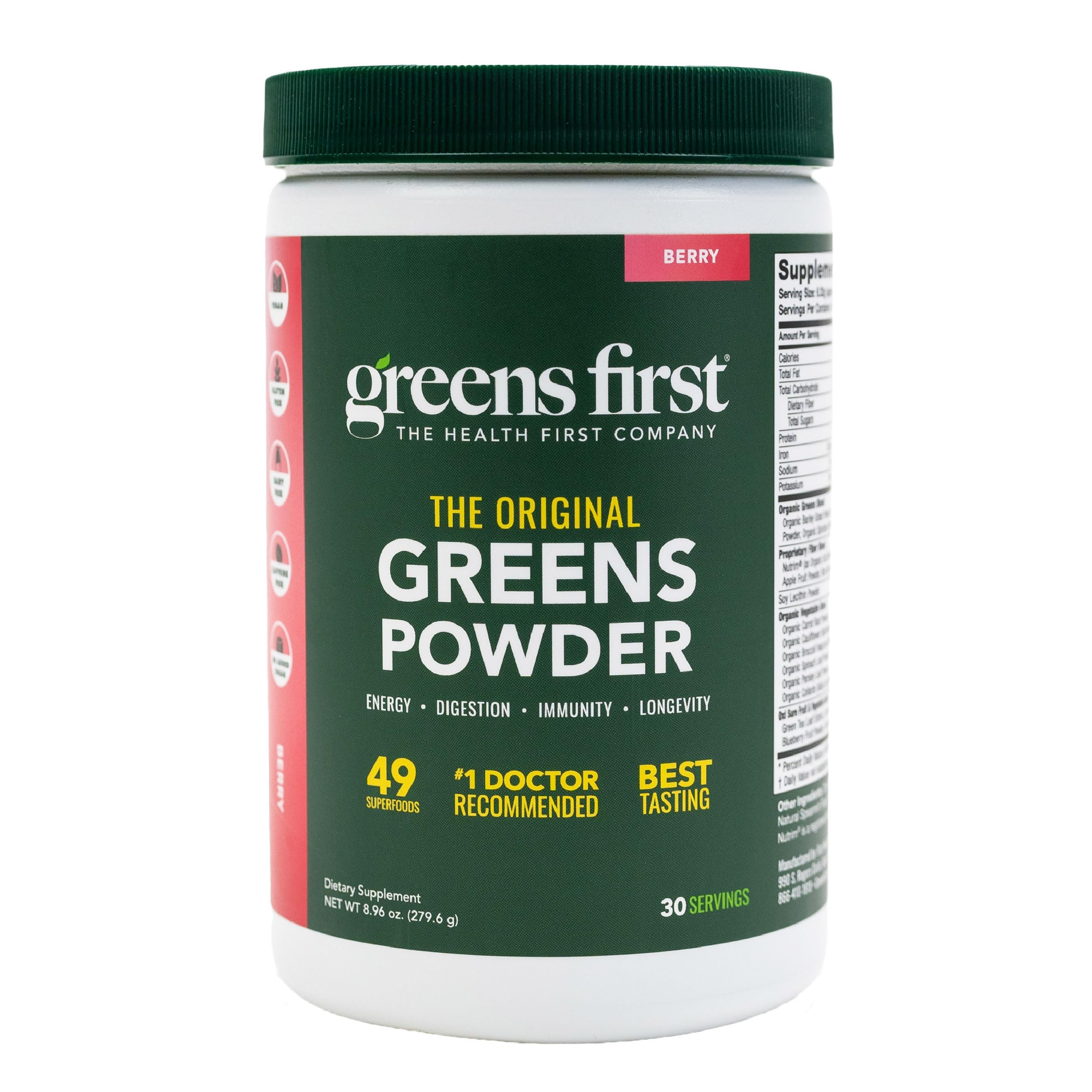 Greens First Original bottle with scoop for easy daily nourishment.