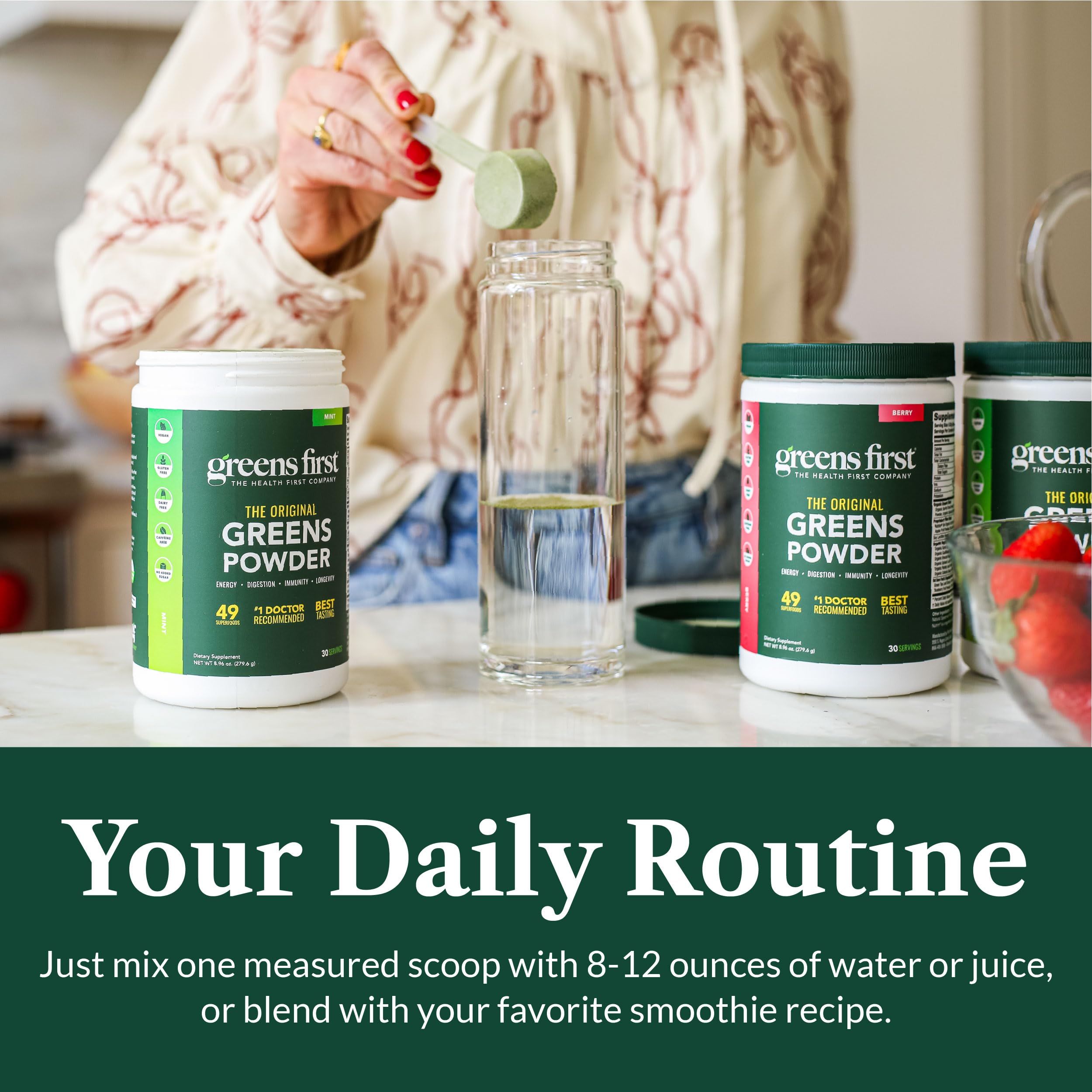 Greens First easy daily mix into water demonstrates effortless wellness routine