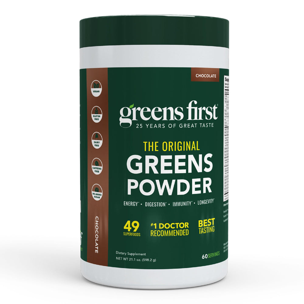 Greens First Original Greens Powder chocolate bottle shows convenient daily nutrition