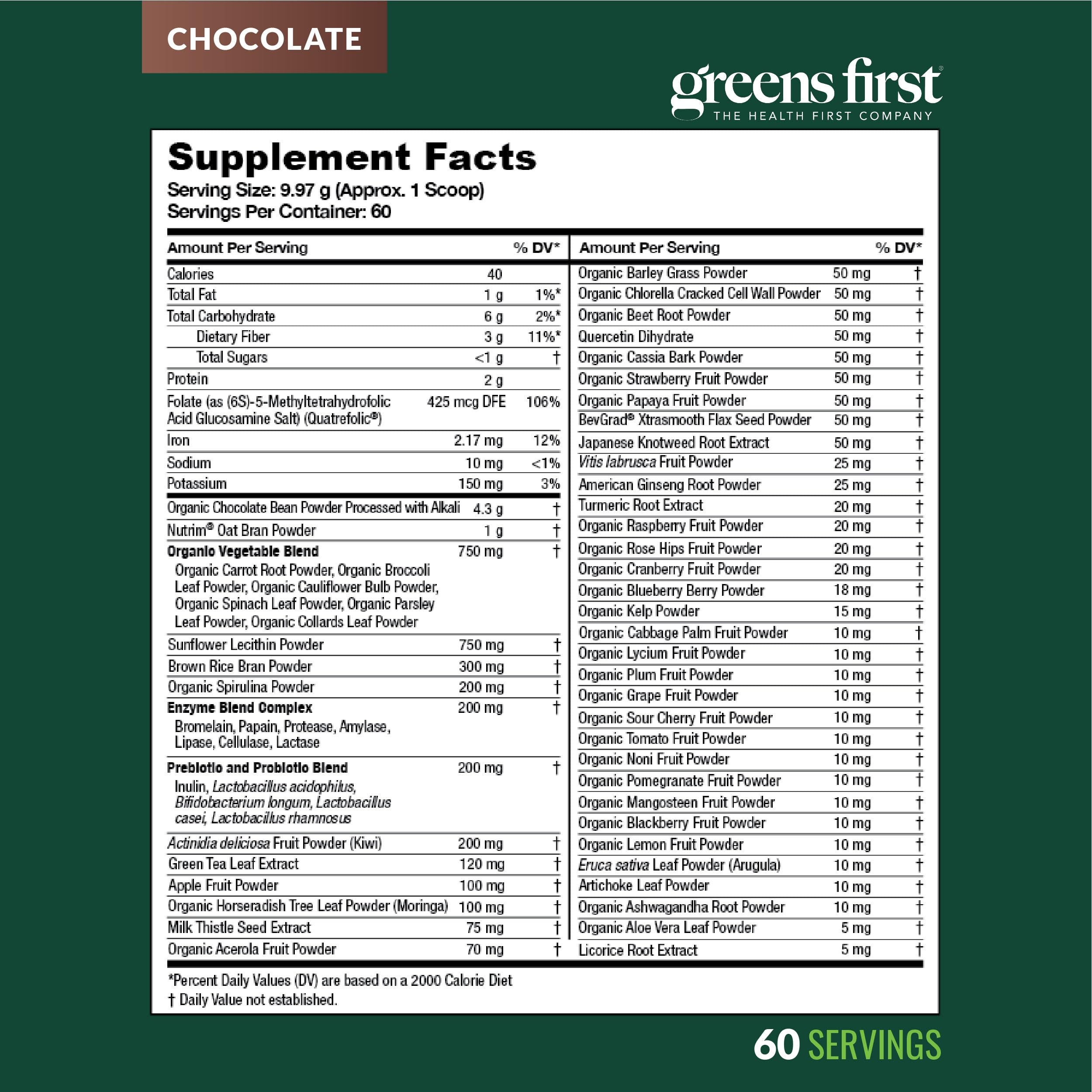 Greens First Original Greens Powder chocolate packaging showing 60 servings