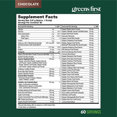 Greens First Original Greens Powder chocolate packaging showing 60 servings