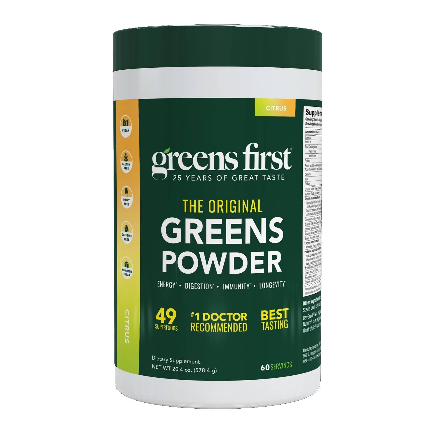 Greens First jar label shows 49 superfoods and vegan, non-GMO ingredients.