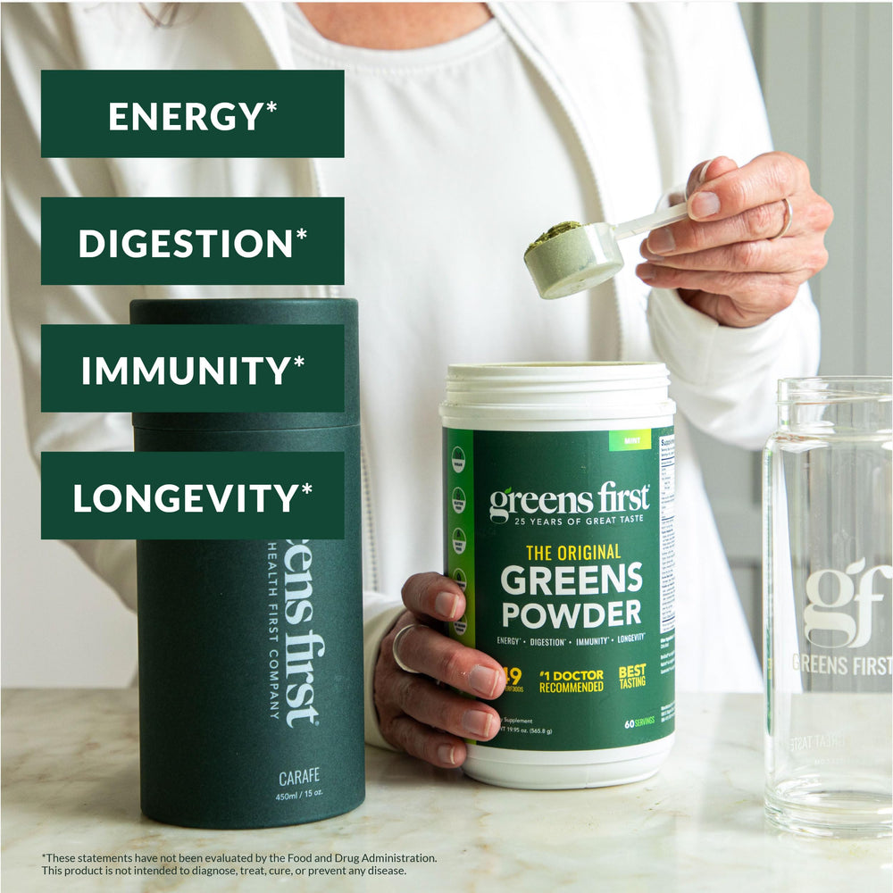 Greens First Original Greens Powder Mint tub, nutrient-dense blend supports daily wellness.