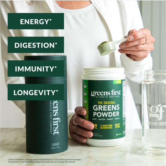 Greens First Original Greens Powder Mint tub, nutrient-dense blend supports daily wellness.