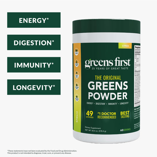 Greens First scoop in glass demonstrates easy daily mixing for smoothies.