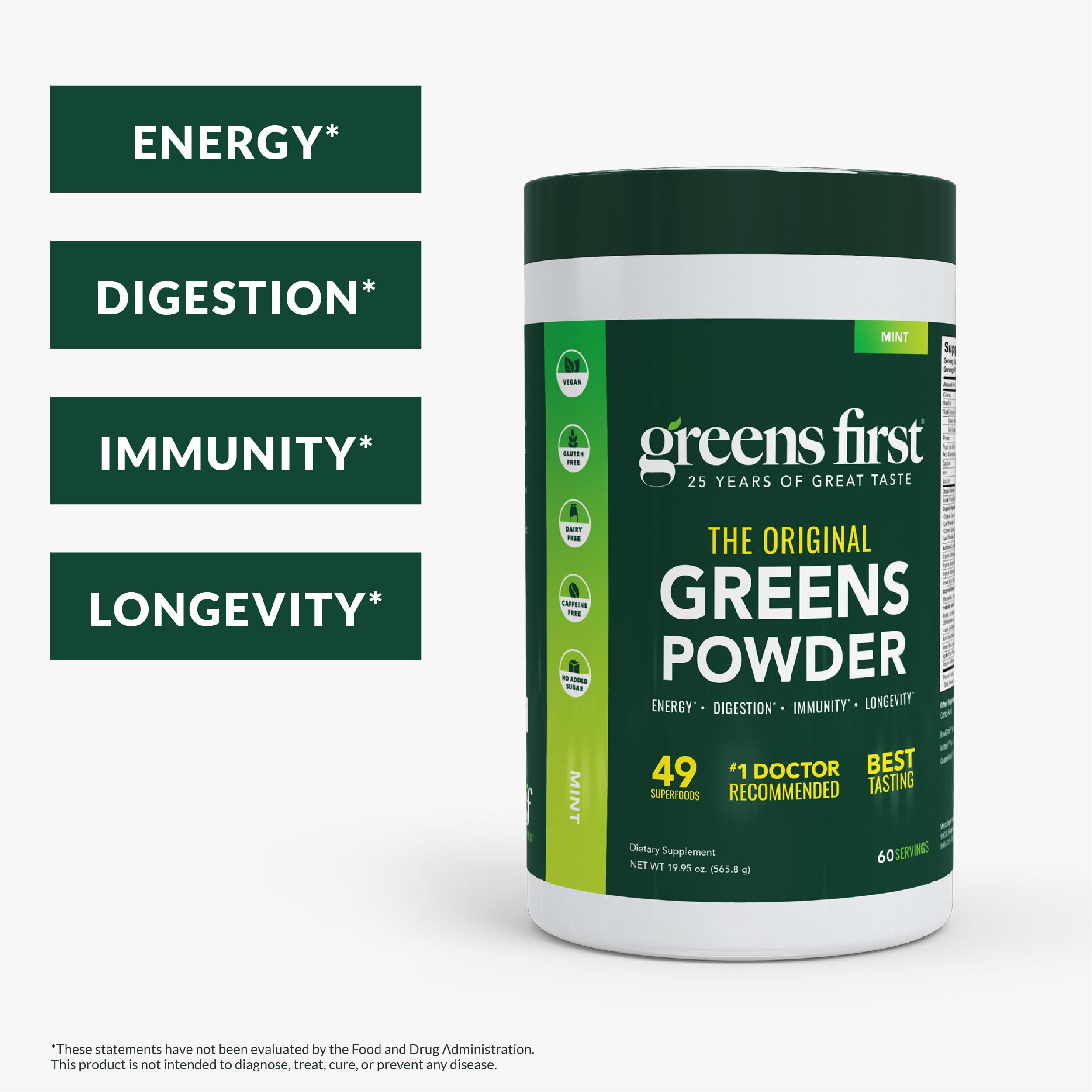 Greens First powder scoop indicates quick, portion-controlled daily use.