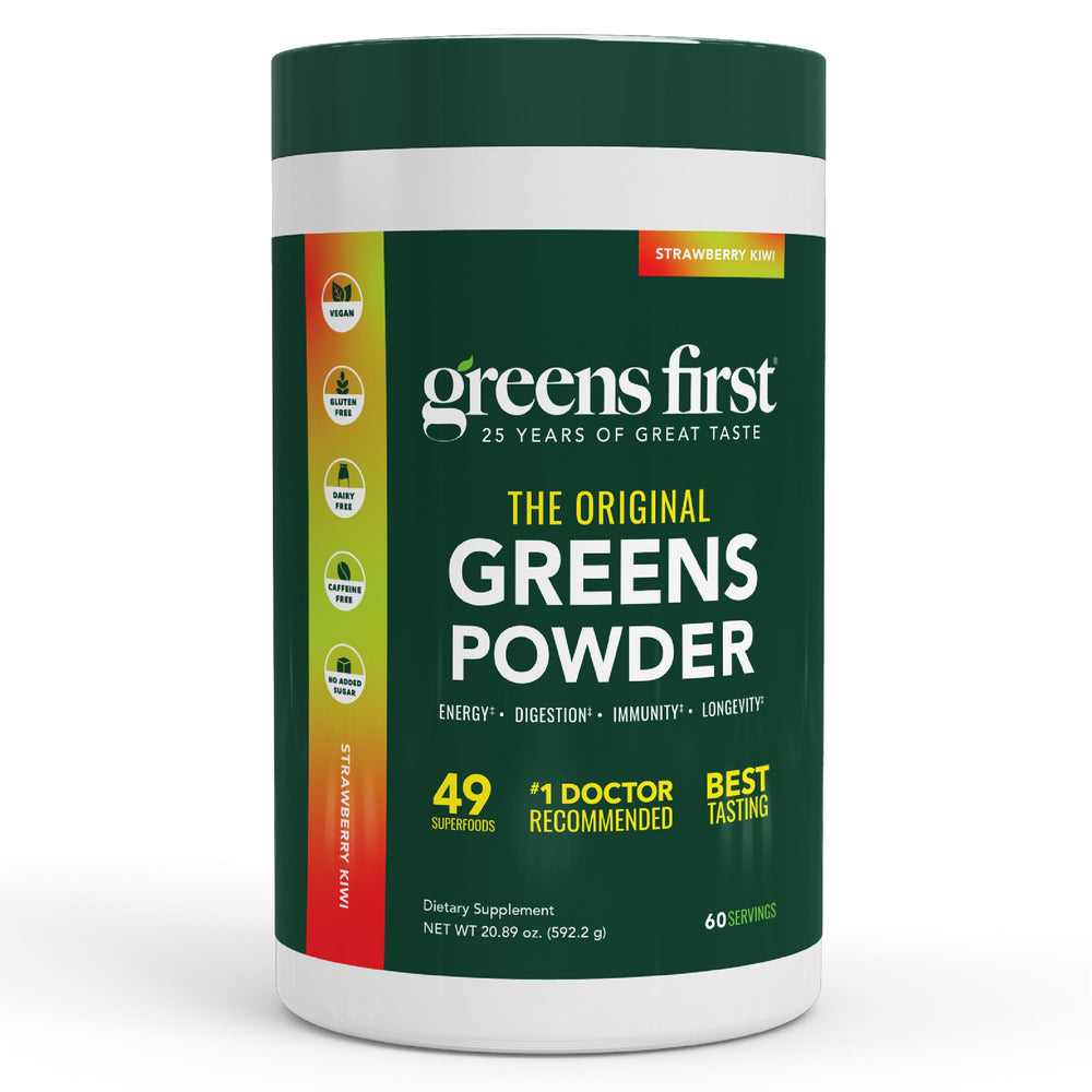 Greens First Original Greens Powder tub front for daily nutrition.
