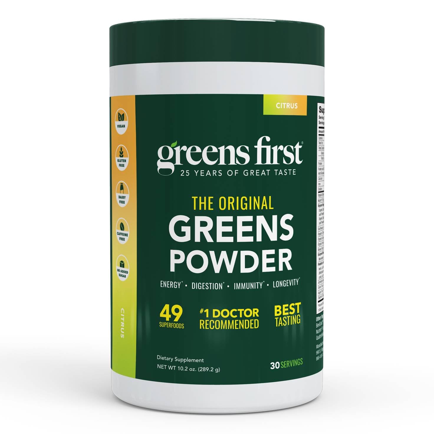 Greens First original greens powder tub front showing 49 superfoods.