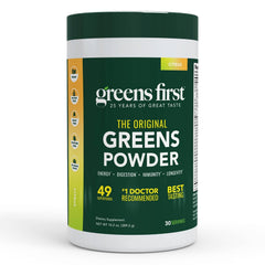 Greens First original greens powder tub front showing 49 superfoods.
