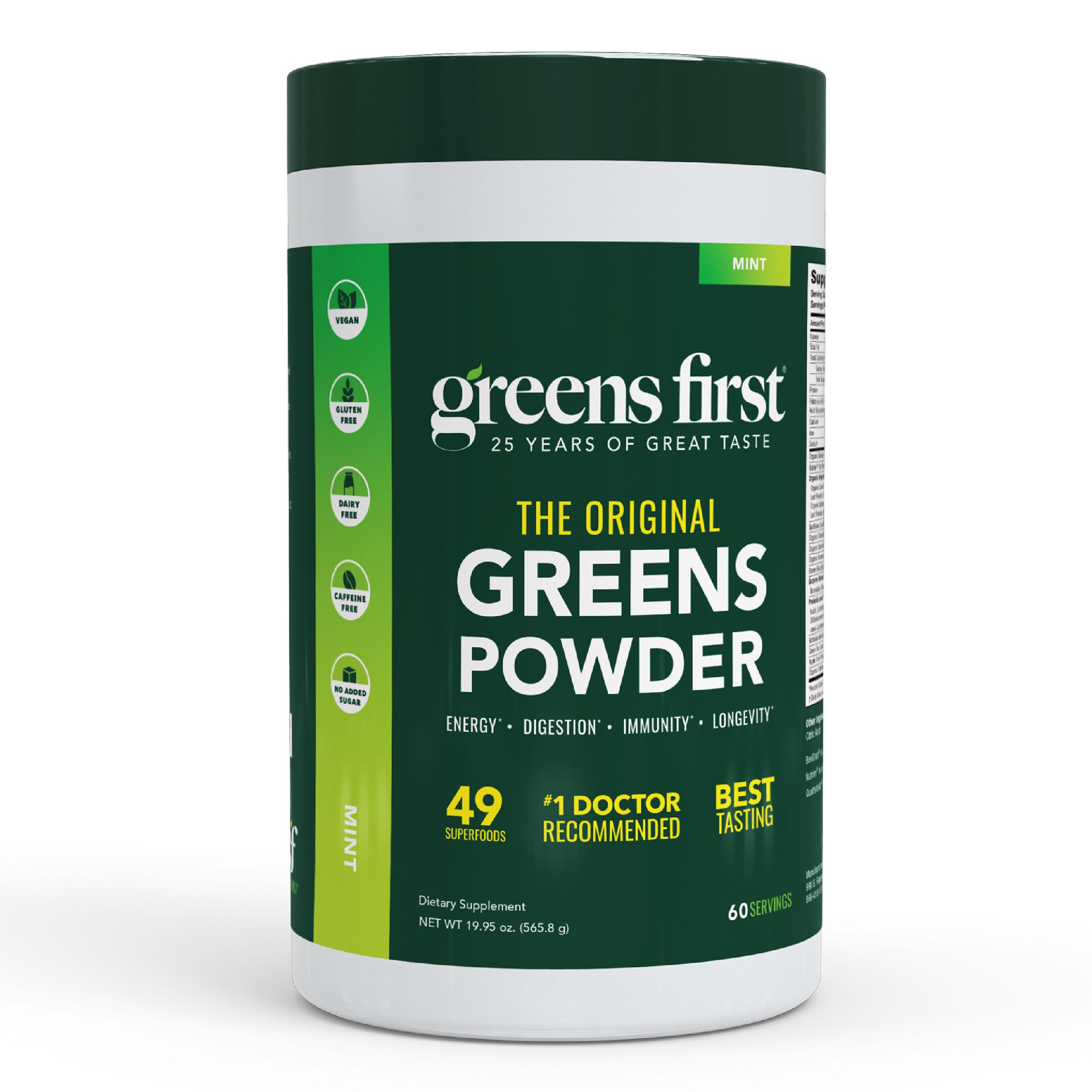 Greens First Original Greens Powder tub showcases 49 superfoods for daily nutrition.