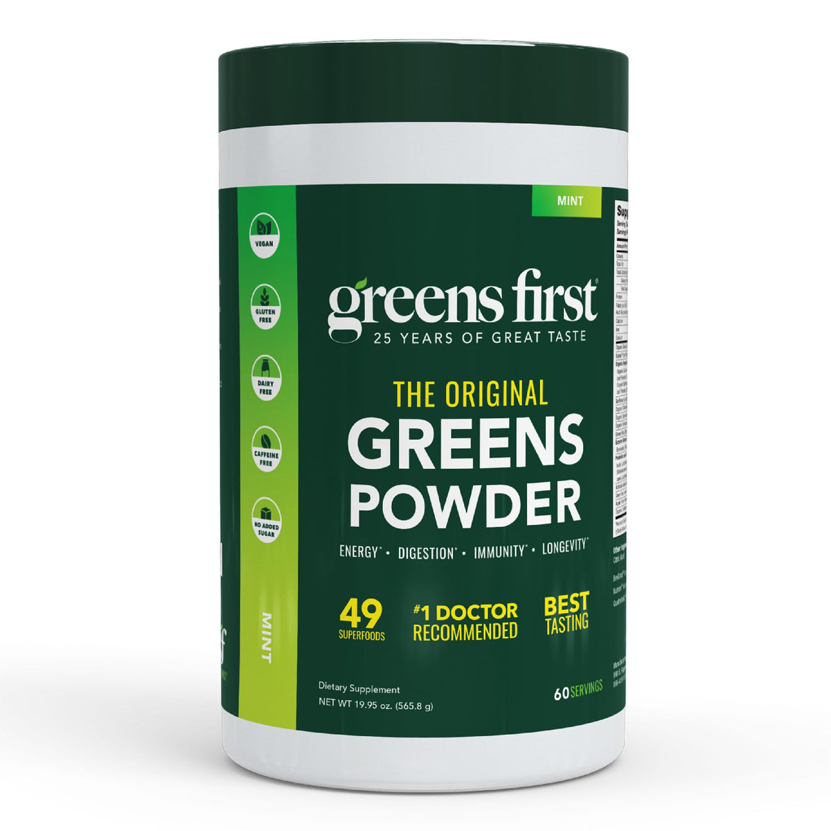 Greens First Original Greens Powder tub showcases 49 superfoods for daily nutrition.