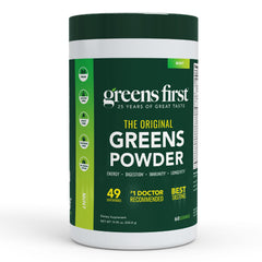 Greens First Original Greens Powder tub showcases 49 superfoods for daily nutrition.