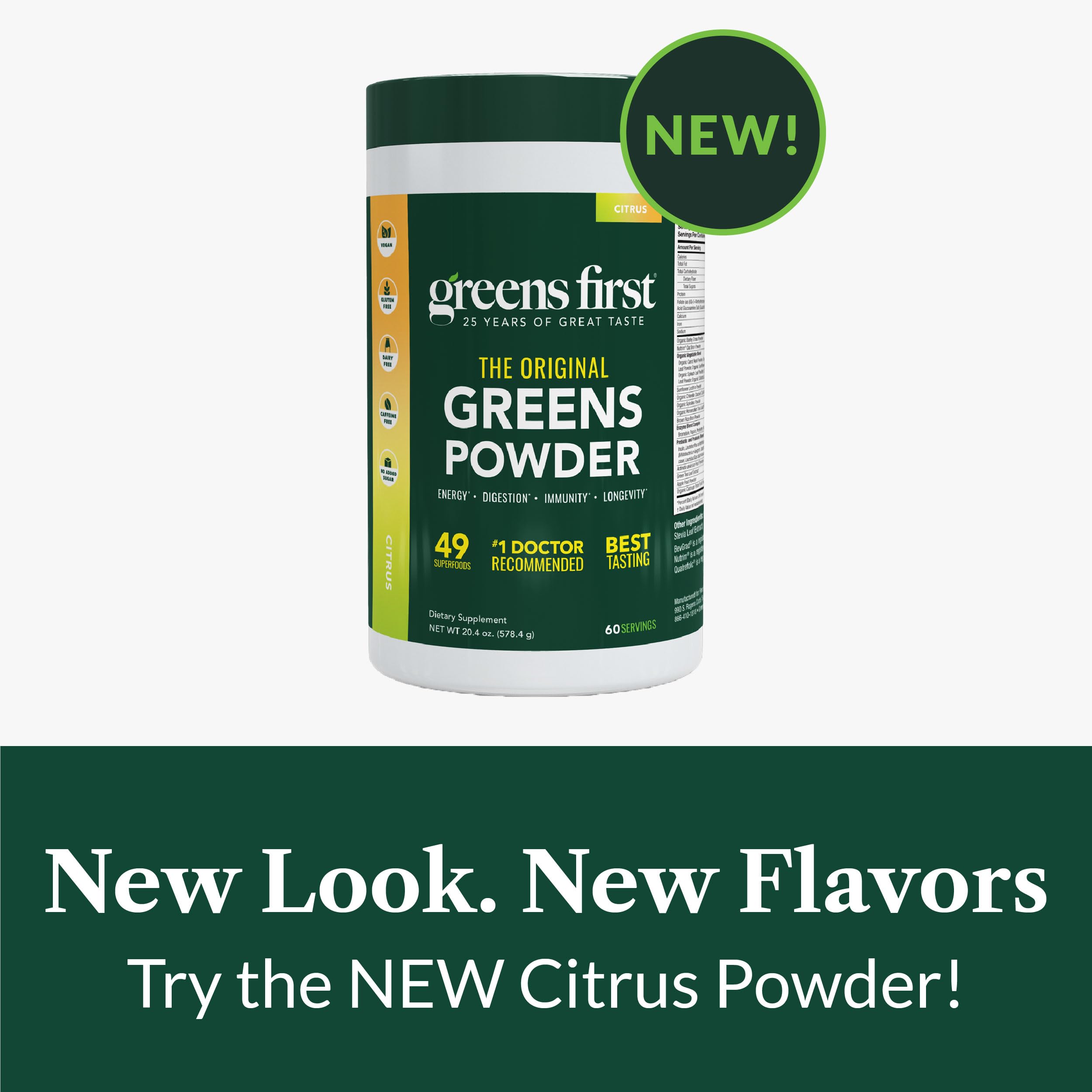 Greens First vegan non-GMO seal signals clean plant-based nutrition.
