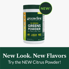 Greens First vegan non-GMO seal signals clean plant-based nutrition.