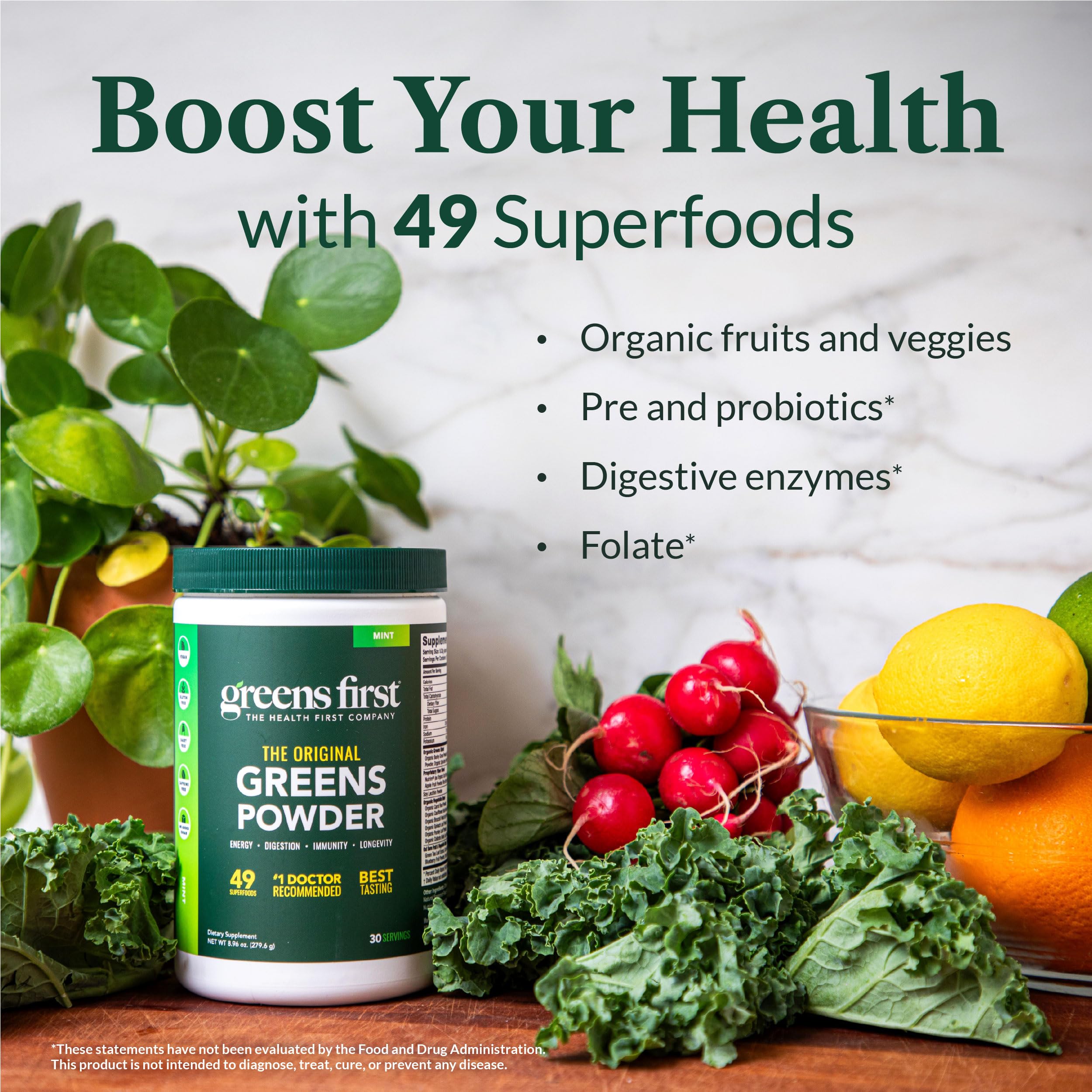 Greens First label close-up highlighting organic vegan non-GMO ingredients.