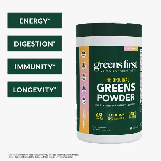 Greens First peach mango scoop tub shows convenient daily nutrition in a quick mix