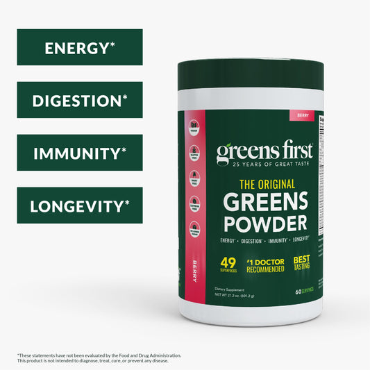 Greens First Original scoop dissolving into water for quick nutrition.