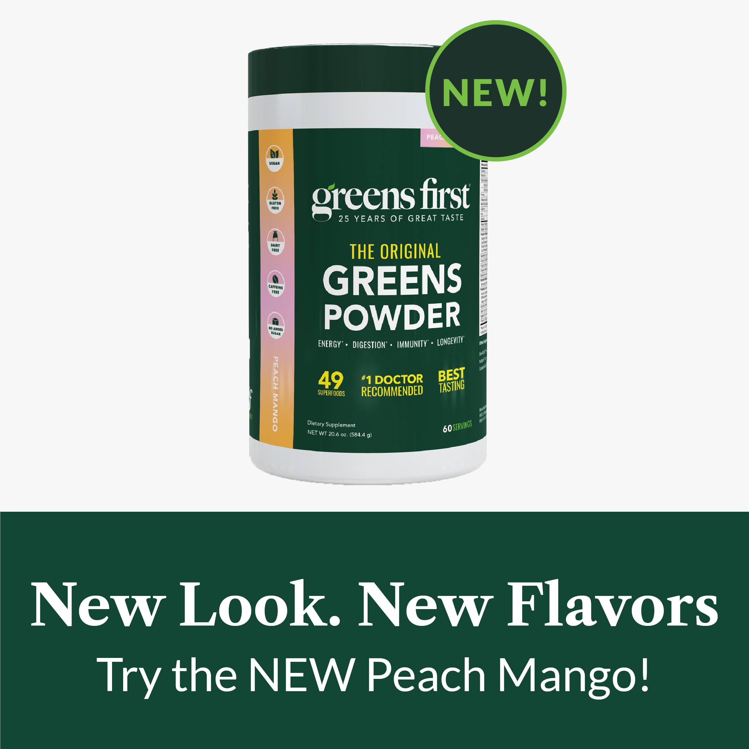 Greens First vegan non-GMO ingredients panel conveys transparent, clean label