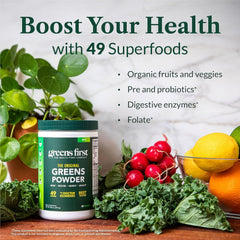 Greens First probiotics and enzymes label close-up on canister.