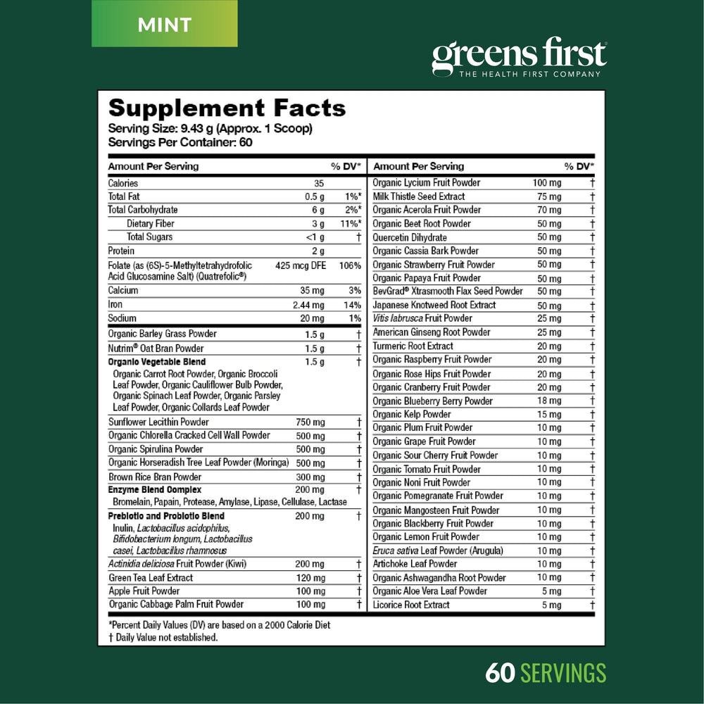 Greens First quick-mix no-clumps image demonstrates easy preparation.