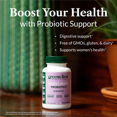 Greens First probiotics capsules close-up emphasizing convenient daily gut balance.