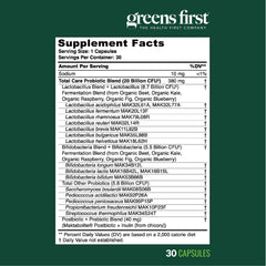Greens First probiotics bottle suggesting vaginal health support with daily use.