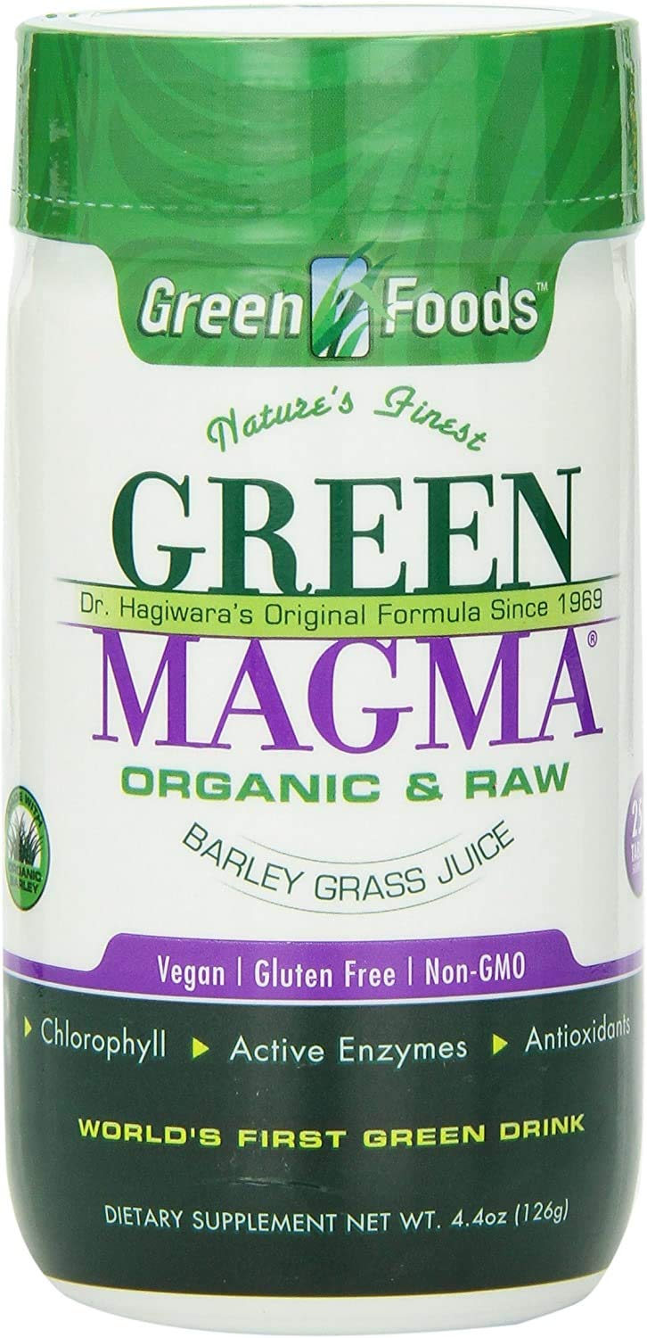 Green Foods Green Magma label closeup highlighting barley grass blend and nutrients