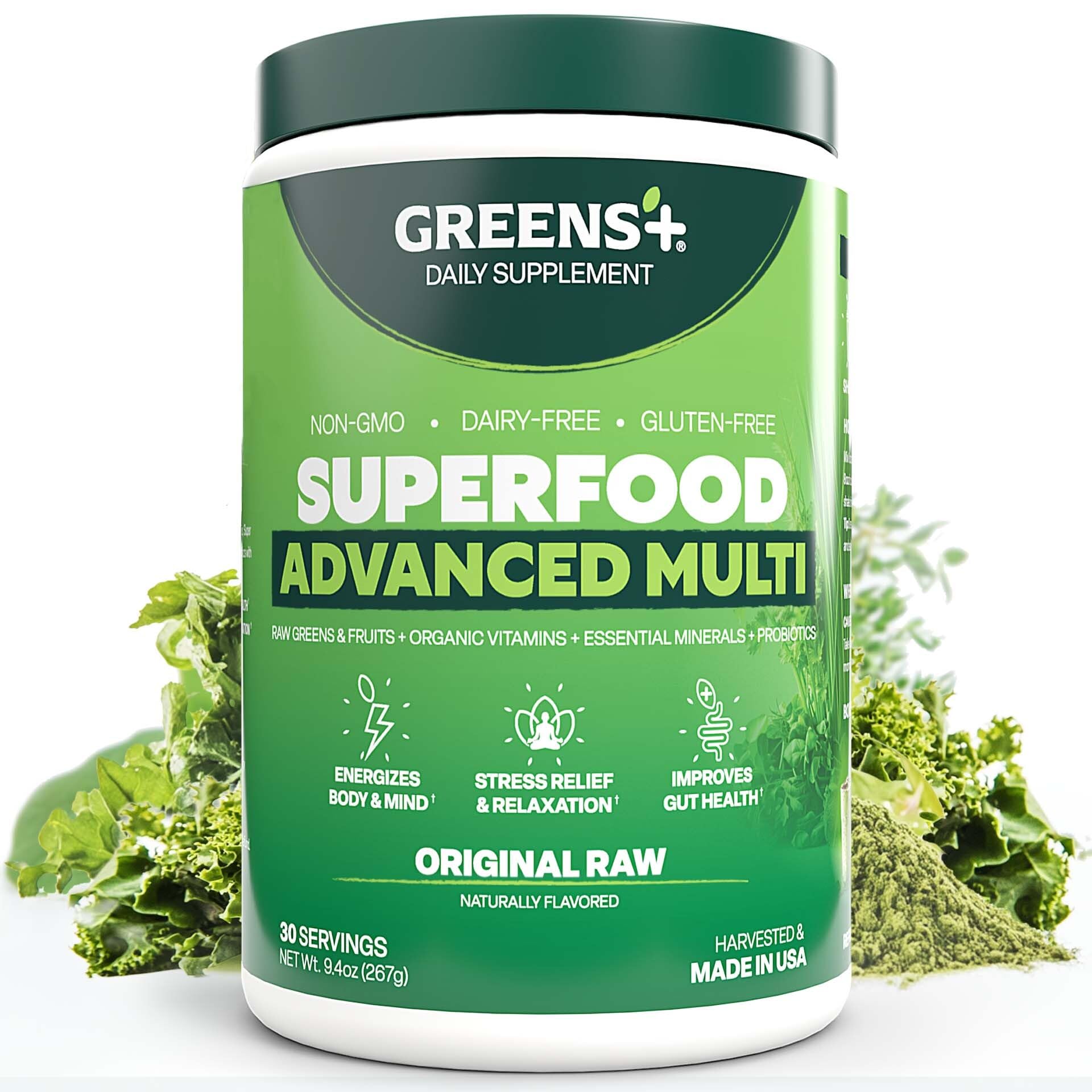 Greens+ Advanced Multi Raw Superfood bottle for daily greens boost.