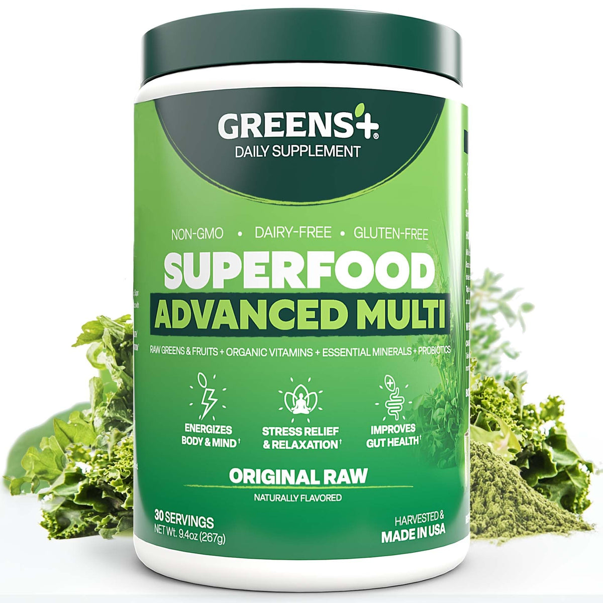 Greens+ Advanced Multi Raw Superfood bottle for daily greens boost.