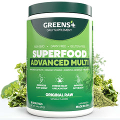 Greens+ Advanced Multi Raw Superfood bottle for daily greens boost.