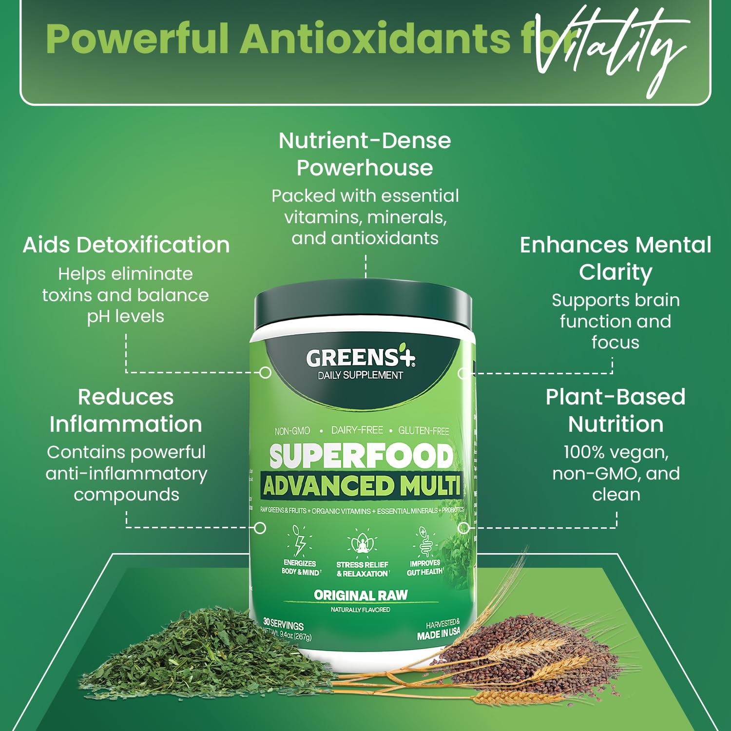 Greens+ Advanced Multi Raw Superfood scoop measures a nutrient-dense serving.