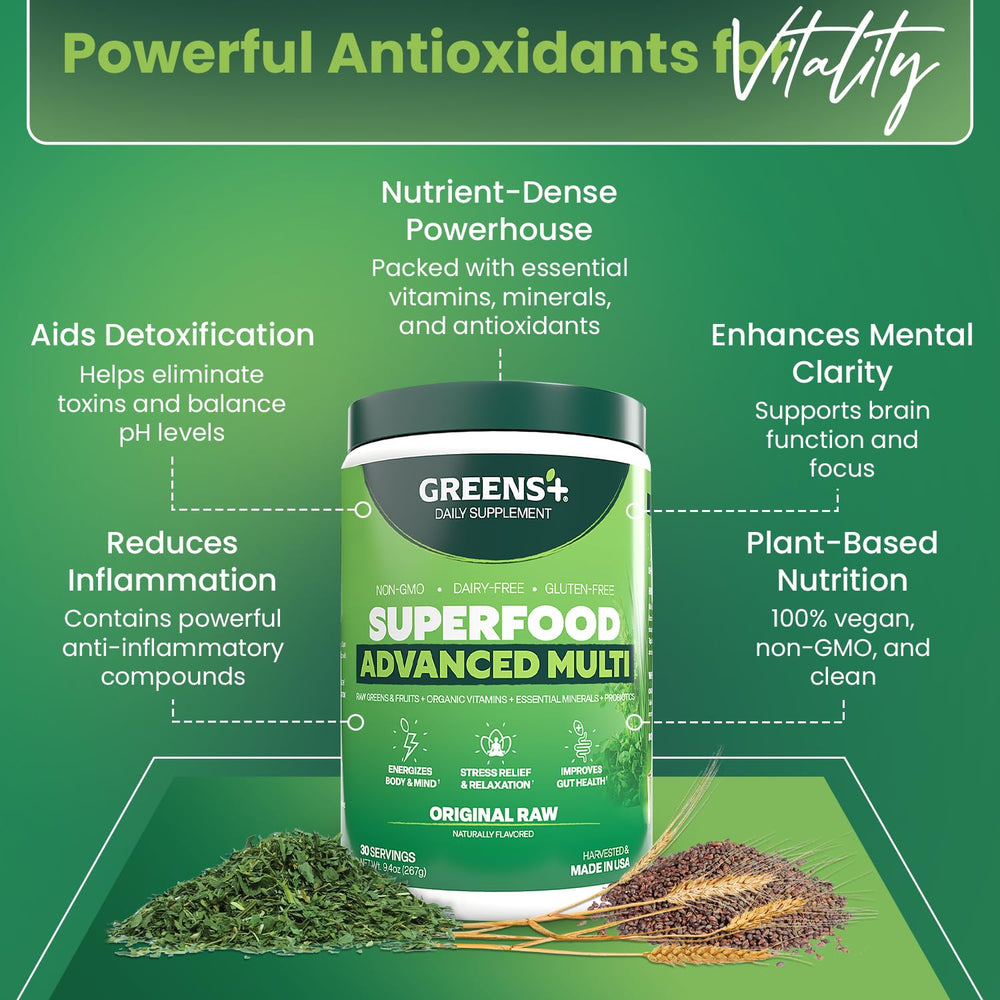 Greens+ Advanced Multi Raw Superfood scoop measures a nutrient-dense serving.