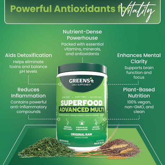 Greens+ Advanced Multi Raw Superfood scoop measures a nutrient-dense serving.