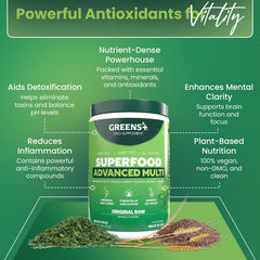 Greens+ Advanced Multi Raw Superfood scoop measures a nutrient-dense serving.