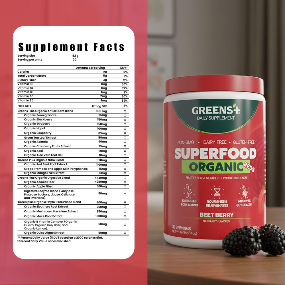Greens+ daily shake with powder, ideal for busy mornings.