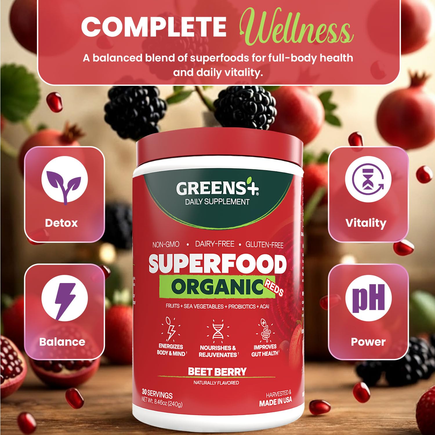 Greens+ ready-to-mix powder in a mug for quick energy.