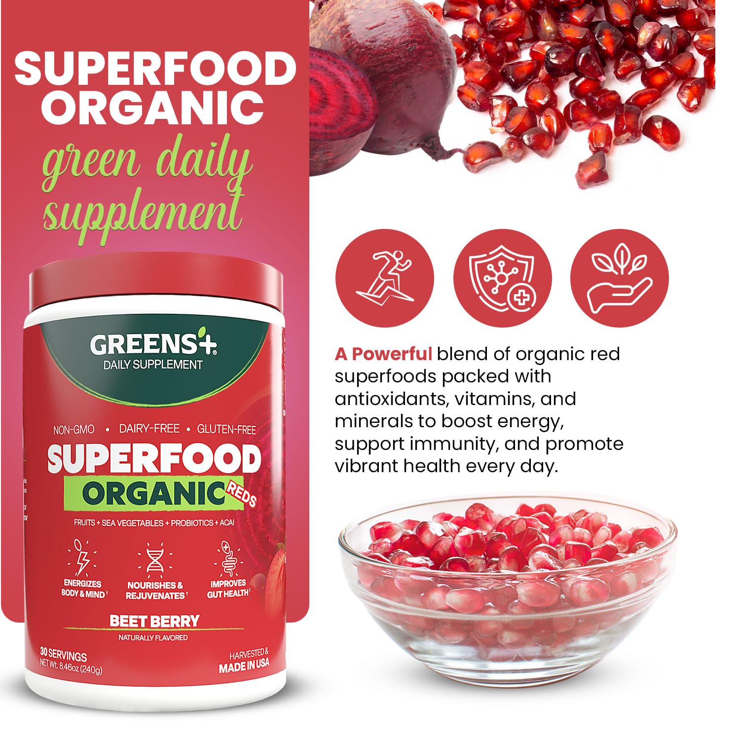 Greens+ Reds-Greens blend scoop for convenient daily nutrition.
