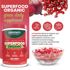 Greens+ Reds-Greens blend scoop for convenient daily nutrition.