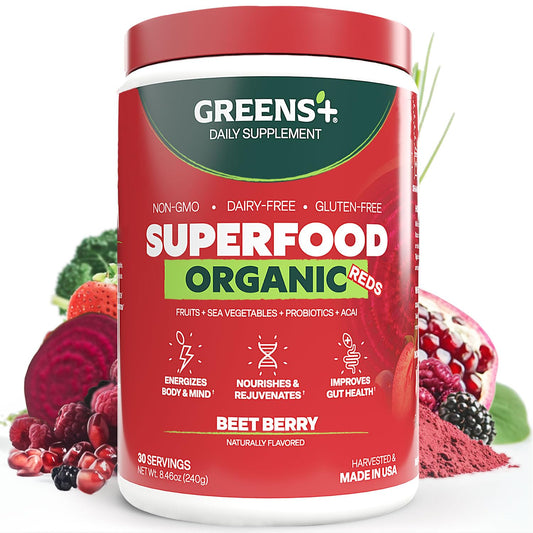 Greens+ Organic Reds powder tub front showing energy-boosting blend.