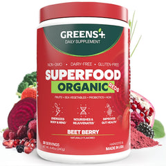 Greens+ Organic Reds powder tub front showing energy-boosting blend.