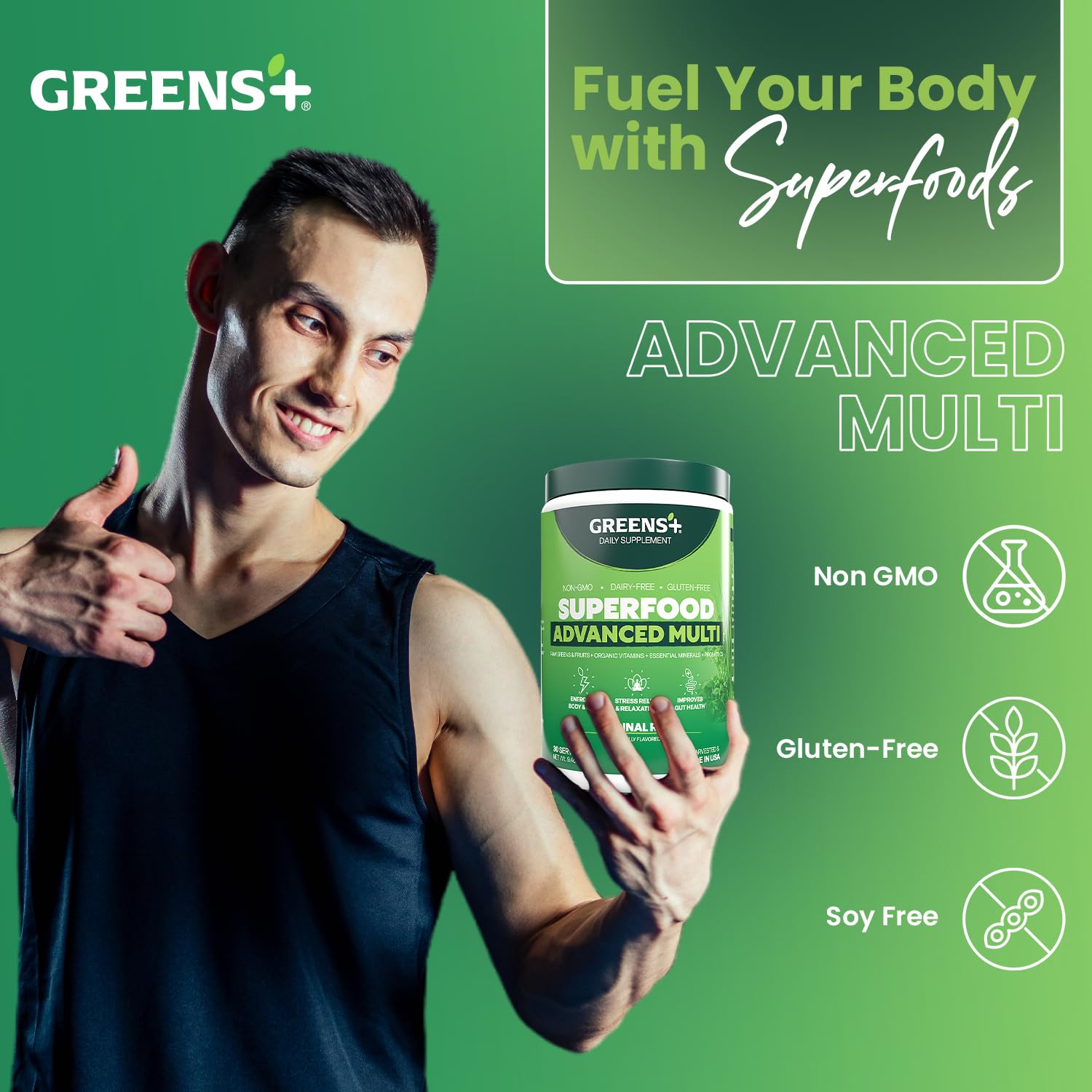 Greens+ smoothie glass shows easy daily nutrient-rich greens intake.