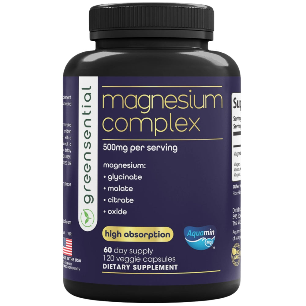 Greensential 5-in-1 magnesium complex bottle front view promotes daily balance.