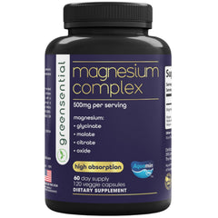 Greensential 5-in-1 magnesium complex bottle front view promotes daily balance.
