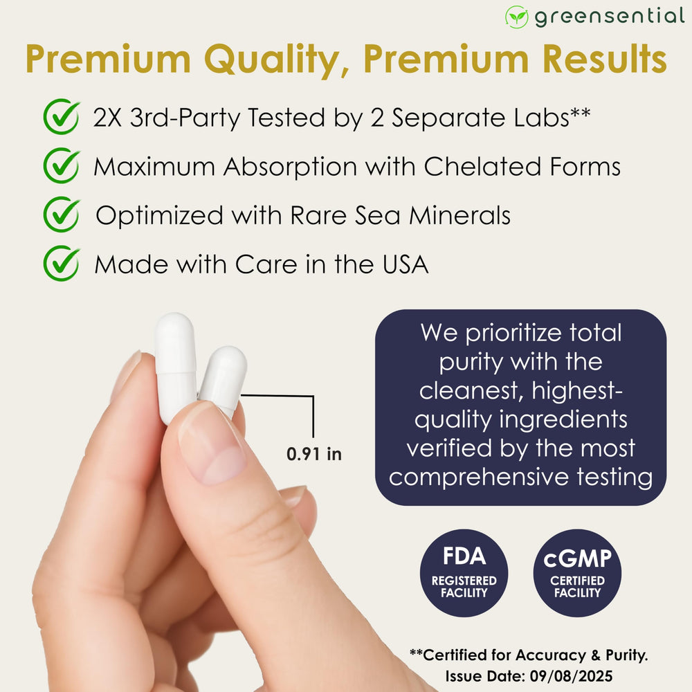 Greensential Aquamin Mg detail emphasizes mineral-rich support for joints.