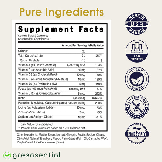 Greensential heart-shaped gummies close-up for daily self-care.