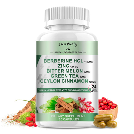 GREENPEOPLE Berberine bottle front showing 1500 mg per capsule for daily energy support