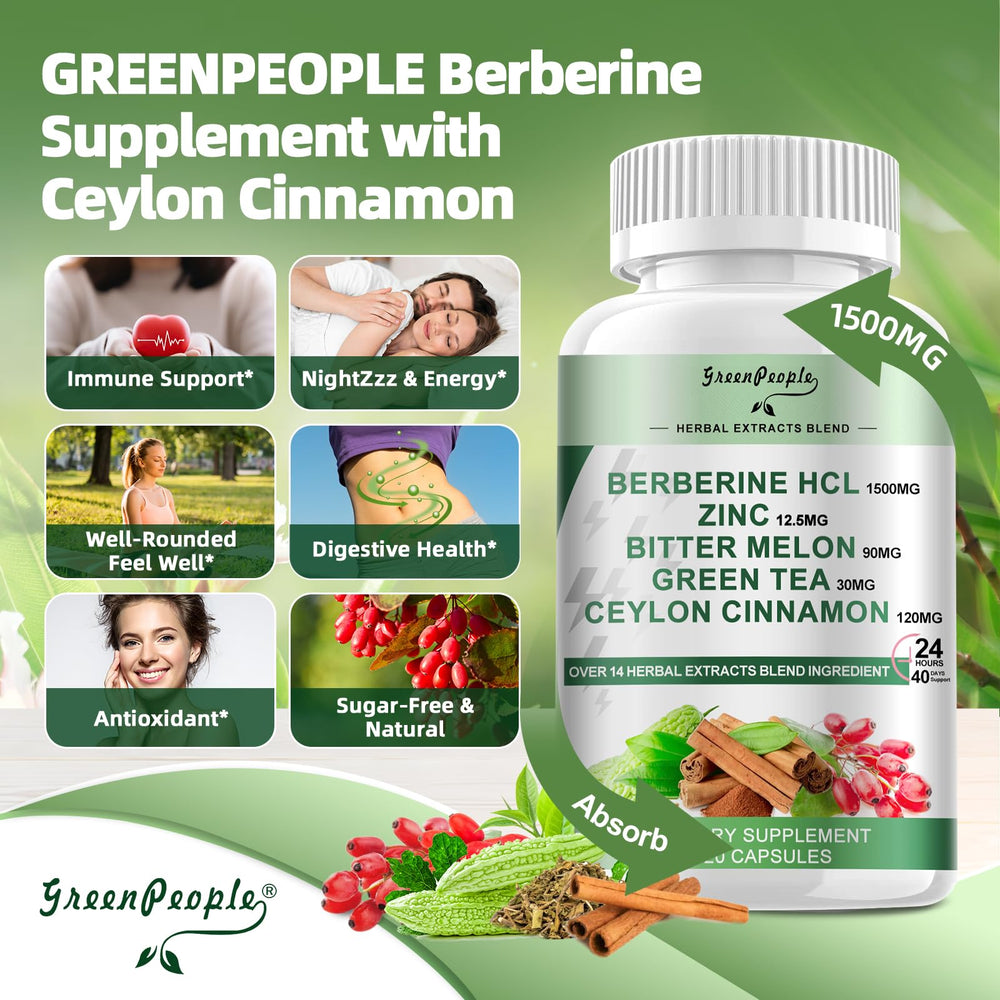 Label view of GREENPEOPLE Berberine bottle with dosage details