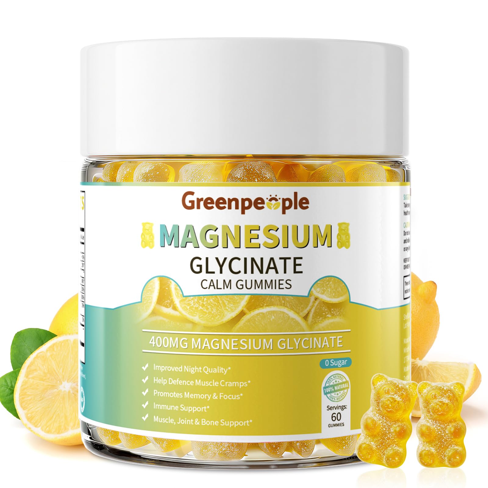 GREENPEOPLE Magnesium Glycinate Gummies bottle shows sugar-free lemon formula for calm support